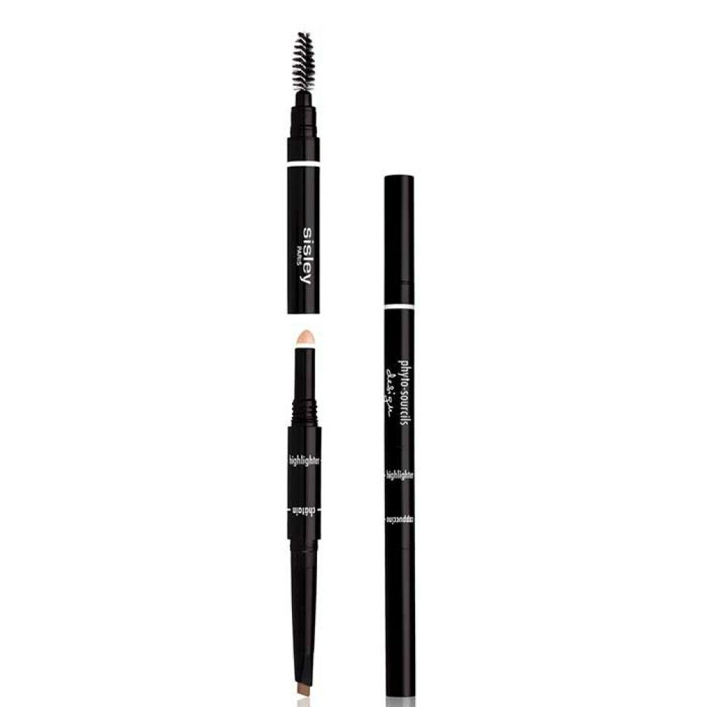 Sisley Phyto-Sourcils Design Augenbrauenstift, zerlegt. Mit Bürste, Stift und Highlighter. Auf weißem Hintergrund.