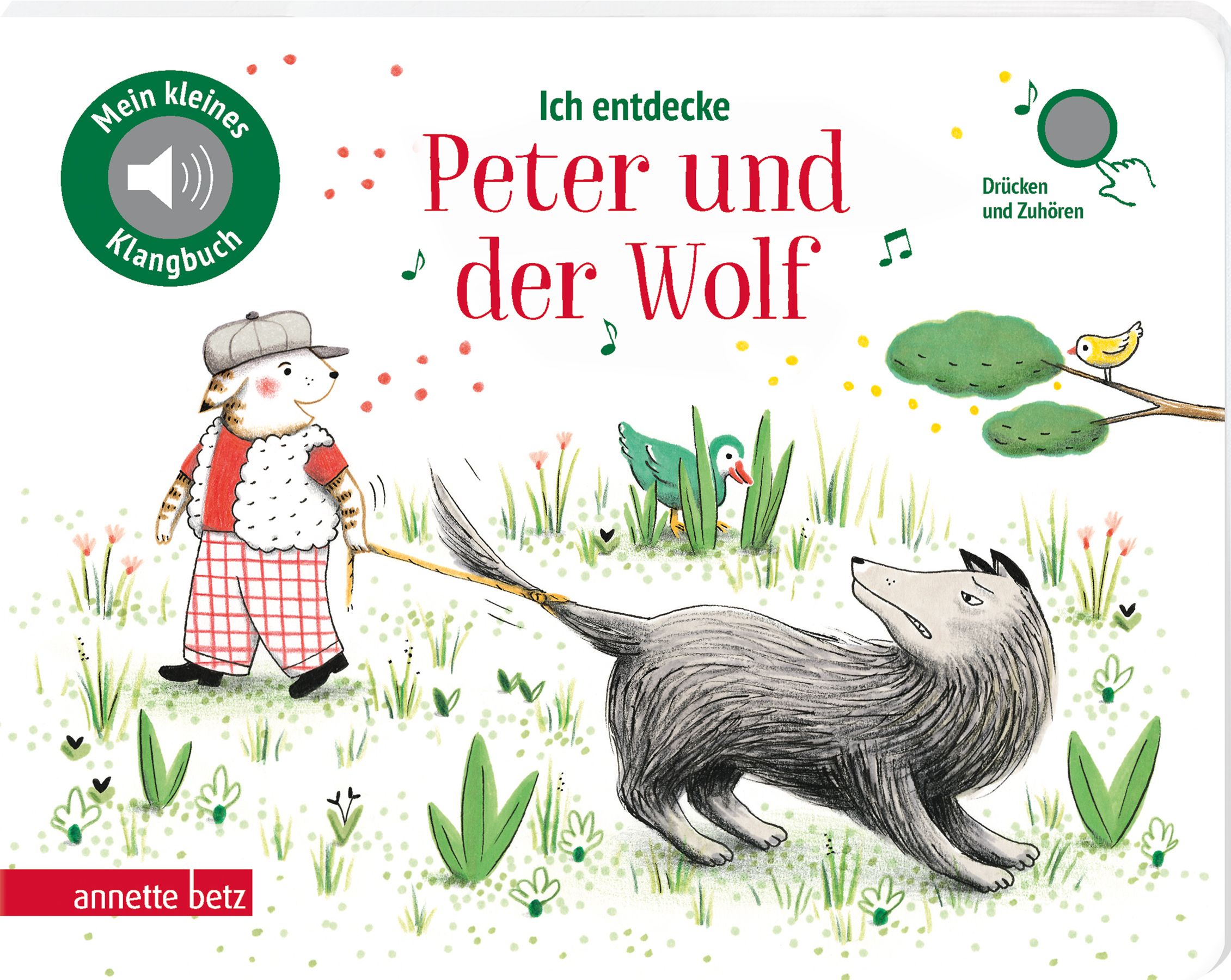 Buchcover mit Illustrationen. Titel: Ich entdecke Peter und der Wolf. Ein Wolf, ein Junge und eine Ente sind abgebildet. Mit Sound-Funktion.