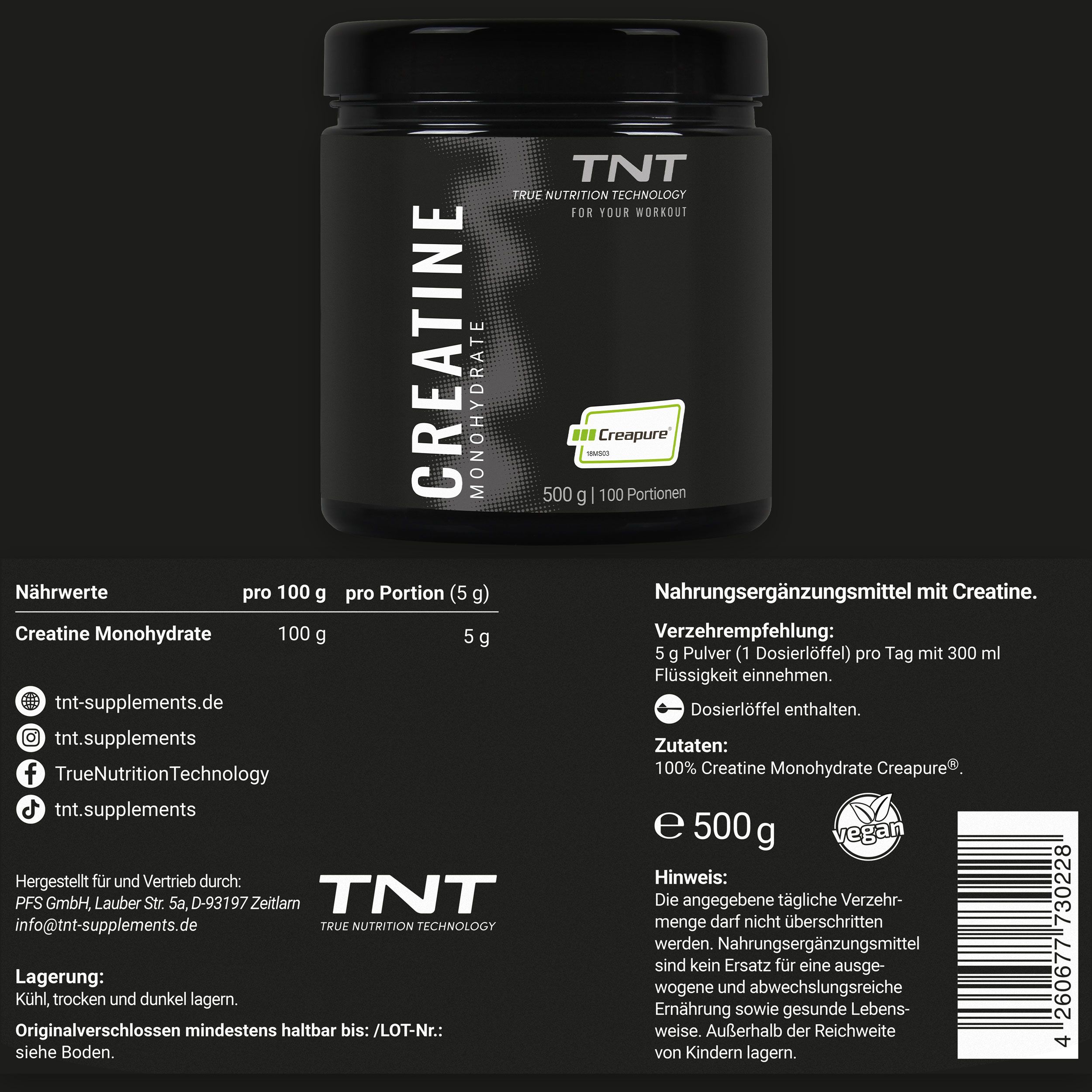 Dose TNT Creatine Monohydrate Creapure® mit Nährwertangaben. Text: 100% Creatine Monohydrate Creapure®, 500g, vegan.