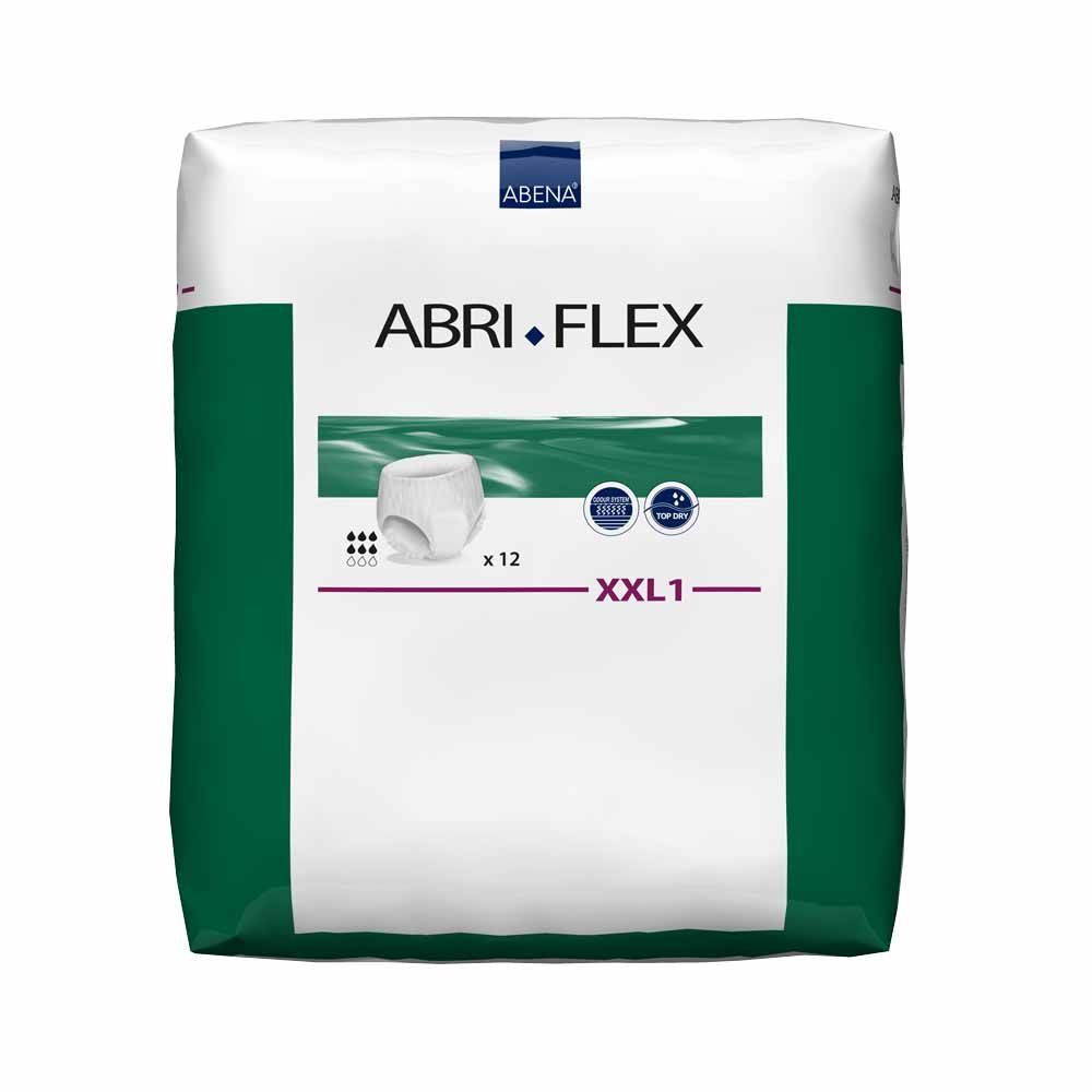 Verpackung mit Abena Abri-Flex Premium XXL1. Weiß-grüne Verpackung mit Produktabbildung und Schriftzug. Enthält 12 Stück.