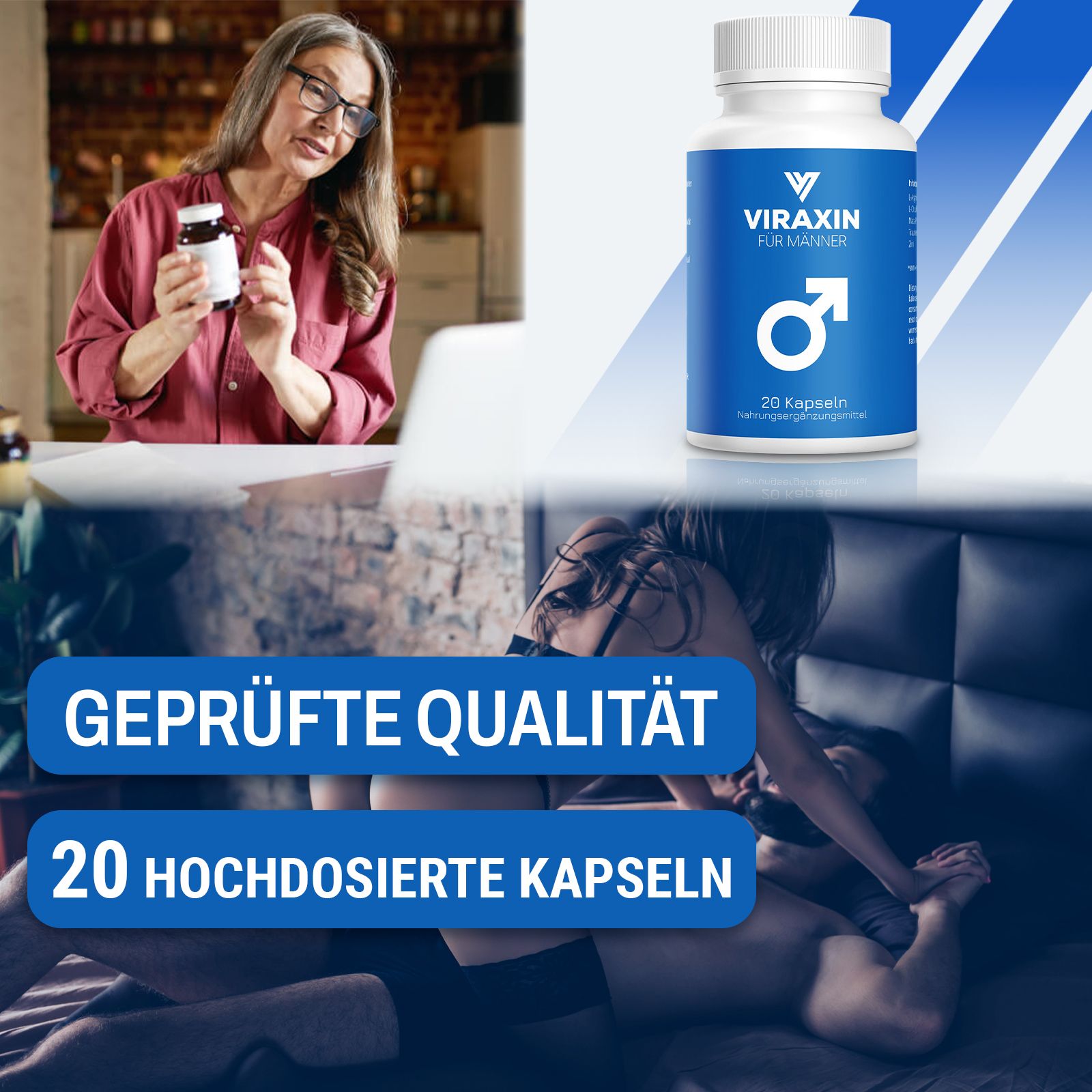 Flasche "Viraxin für Männer" mit 20 Kapseln. Text: "Geprüfte Qualität", "20 hochdosierte Kapseln".