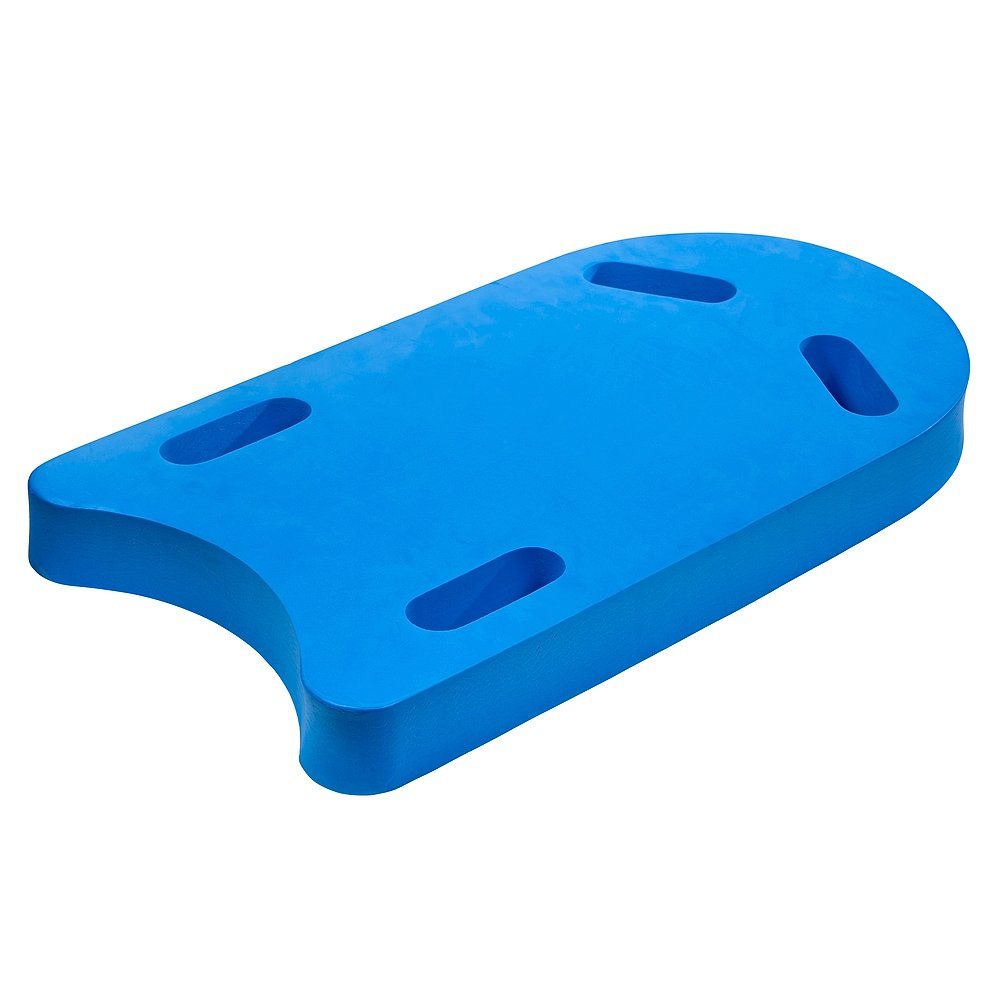 Blaues Schwimmbrett mit Grifföffnungen. Abgerundete Form, rechteckig mit Aussparung.