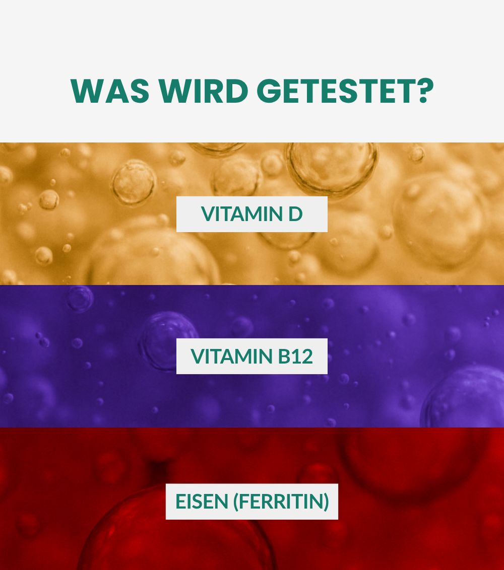 Grafik mit farbigen Kreisen und Text: Vitamin D, Vitamin B12, Eisen (Ferritin).