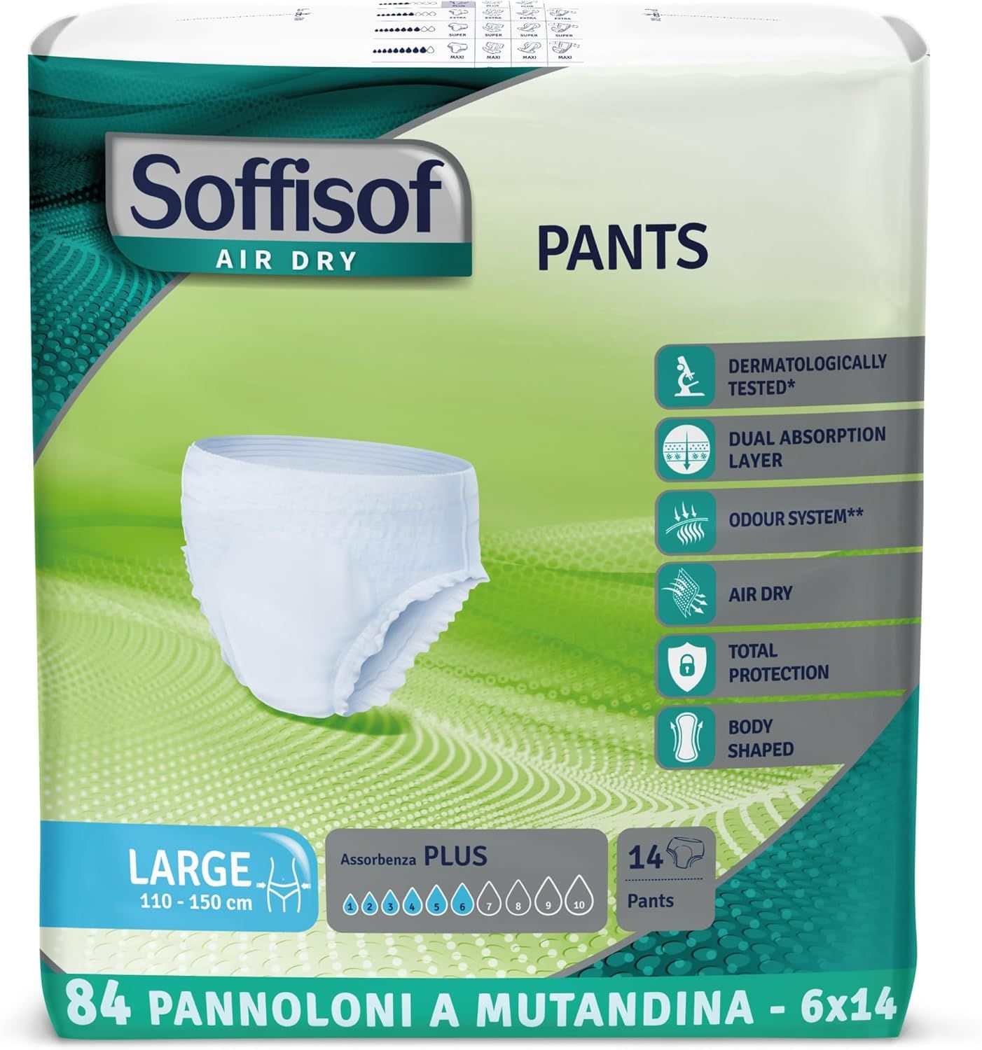 Soffisof Pants Plus Inkontinenz Windelhosen. Weiße Pants, Größe Large, 110-150 cm. Verpackung mit 14 Pants. Aufdrucke: Air Dry, Plus, 84 Stück.
