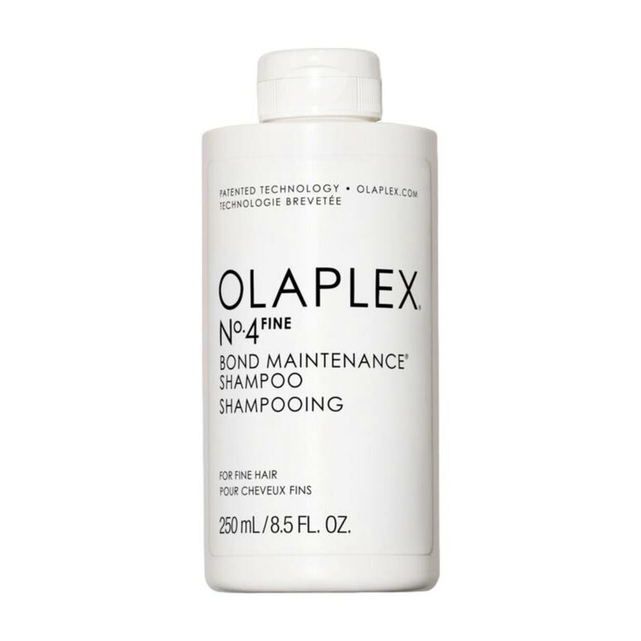 Weiße Flasche Olaplex No.4 Fine Bond Maintenance Shampoo. Schwarze Schrift: Olaplex, No.4 Fine, Bond Maintenance Shampoo, 250ml/8.5 FL. OZ.