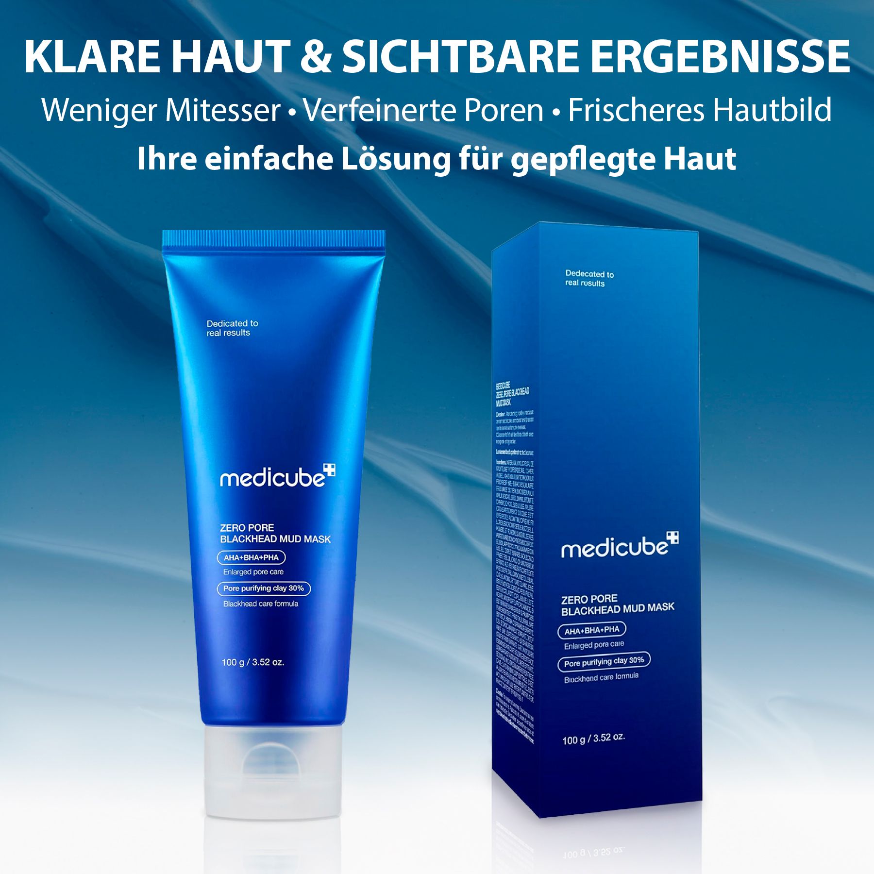 Blaue Tube und Verpackung des Medicube Zero Pore Blackhead Mud Mask mit 100g Inhalt.