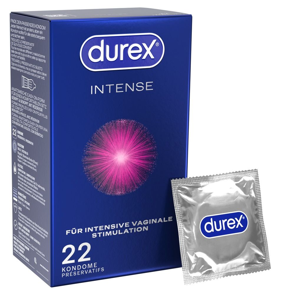 Durex Intense Kondompackung (22 Stück) mit einem einzelnen Kondom.