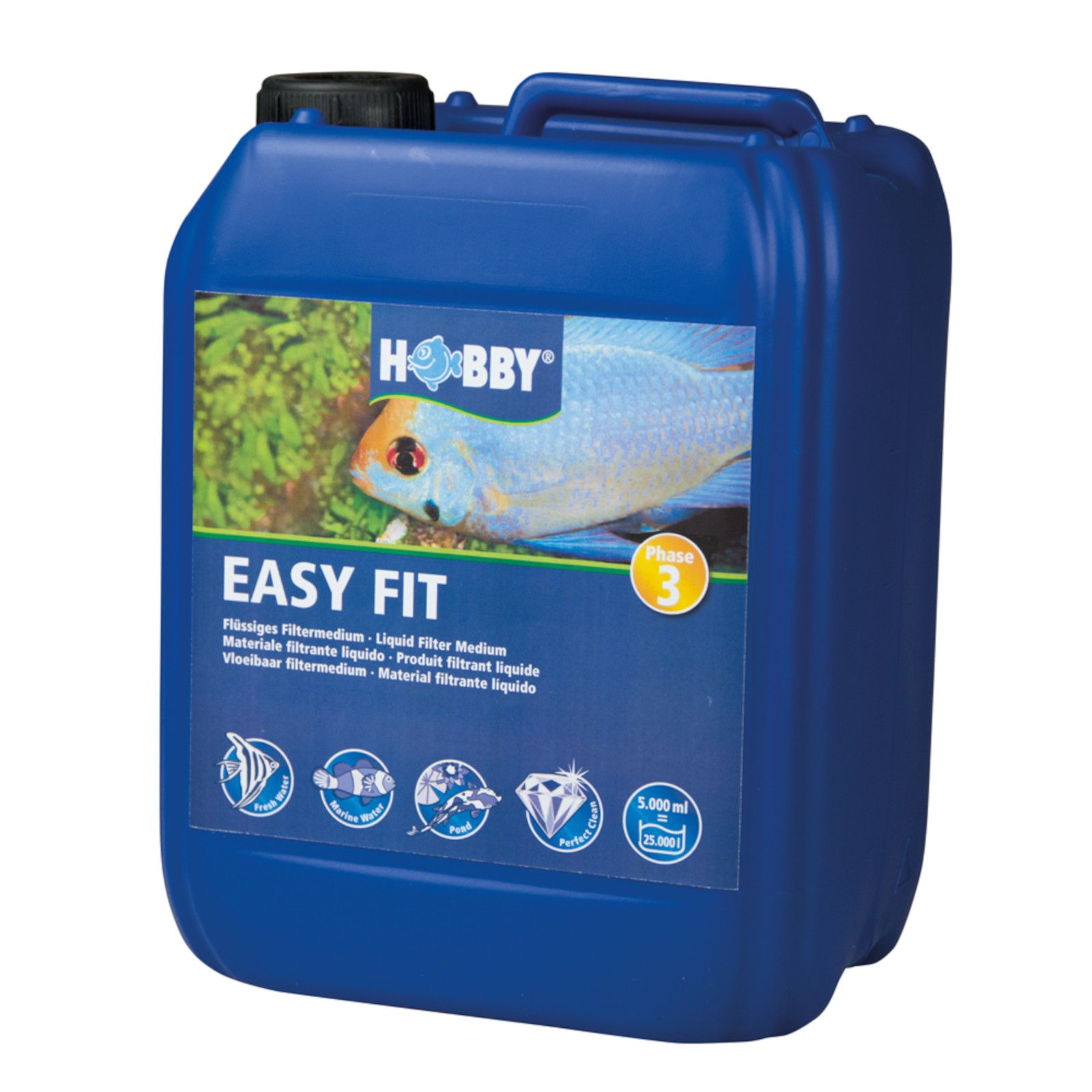 Blauwe Kanister mit Griff und schwarzem Deckel. Aufkleber mit Fisch, Logo "Hobby" und Schriftzug "Easy Fit".