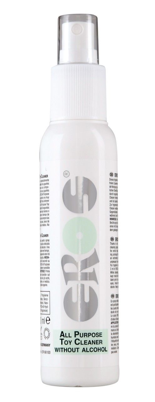 Weiße Sprühflasche mit "EROS"-Logo und Text "All Purpose Toy Cleaner Without Alcohol".