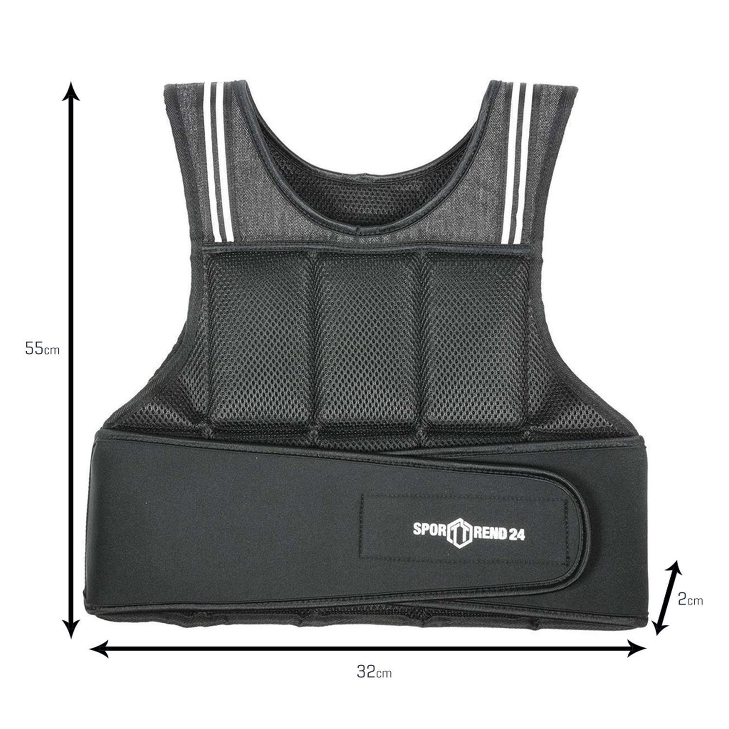 Gewichtsweste mit Maßangaben: 55cm hoch, 32cm breit, 2cm dick. Logo Sporttrend 24.