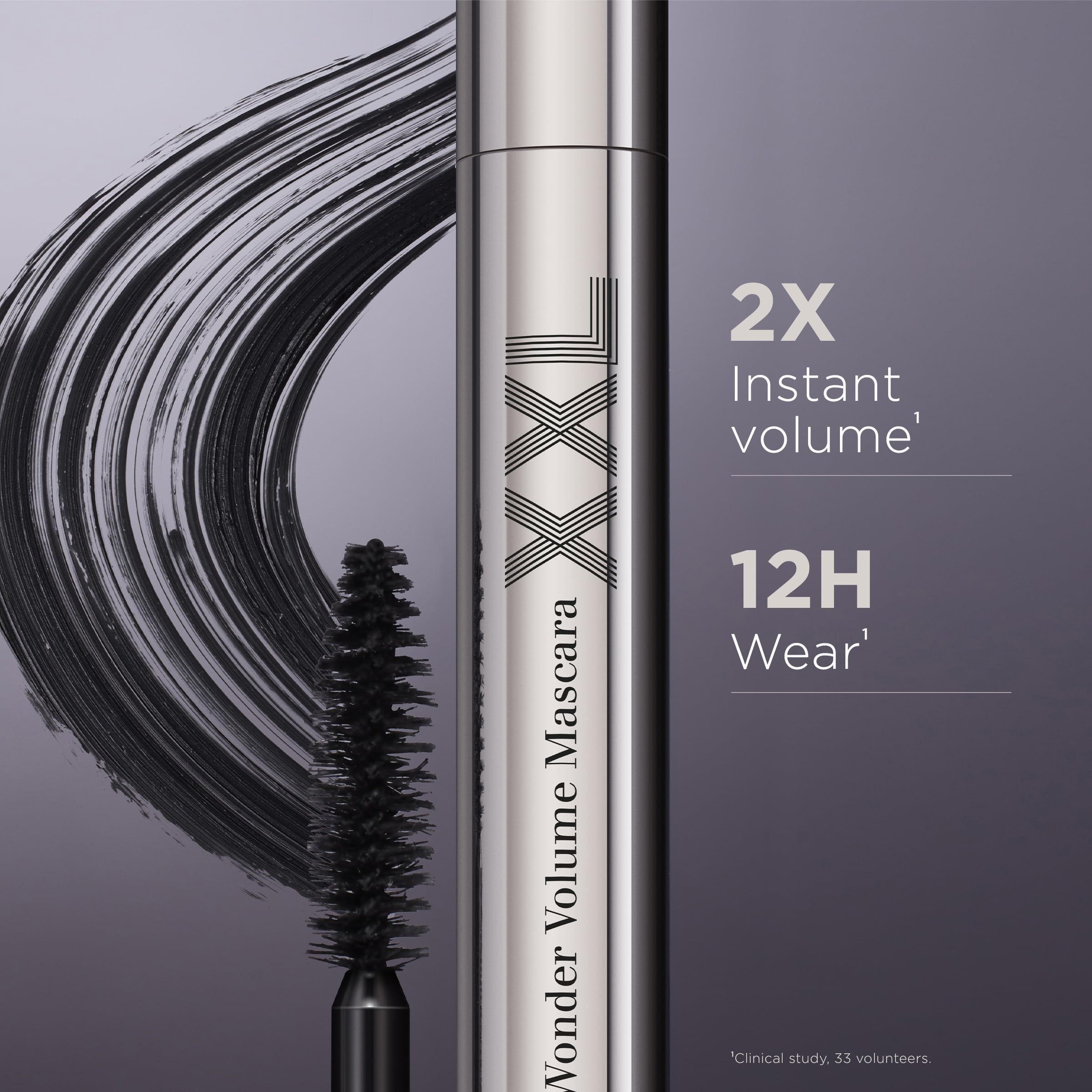 Mascarahülse mit Text und Mascara-Strich. Text: 2X Instant volume, 12H Wear.