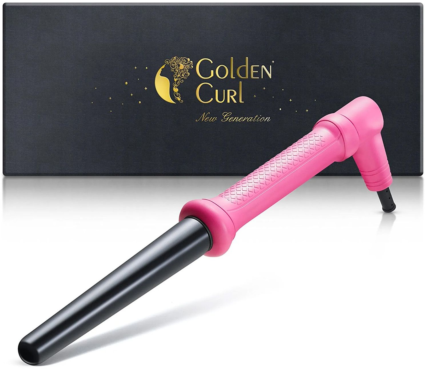 Lockenstab mit Verpackung. Schwarze Verpackung mit goldenem Logo. Pinkfarbener Lockenstab.