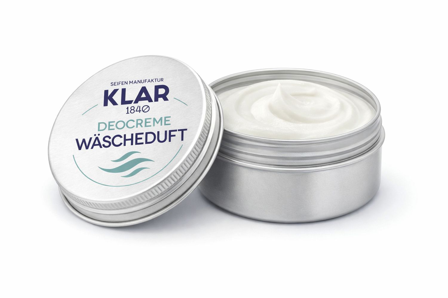 Offener Behälter mit Deocreme. Daneben der Deckel. Aufschrift: KLAR Deocreme Wäscheduft.