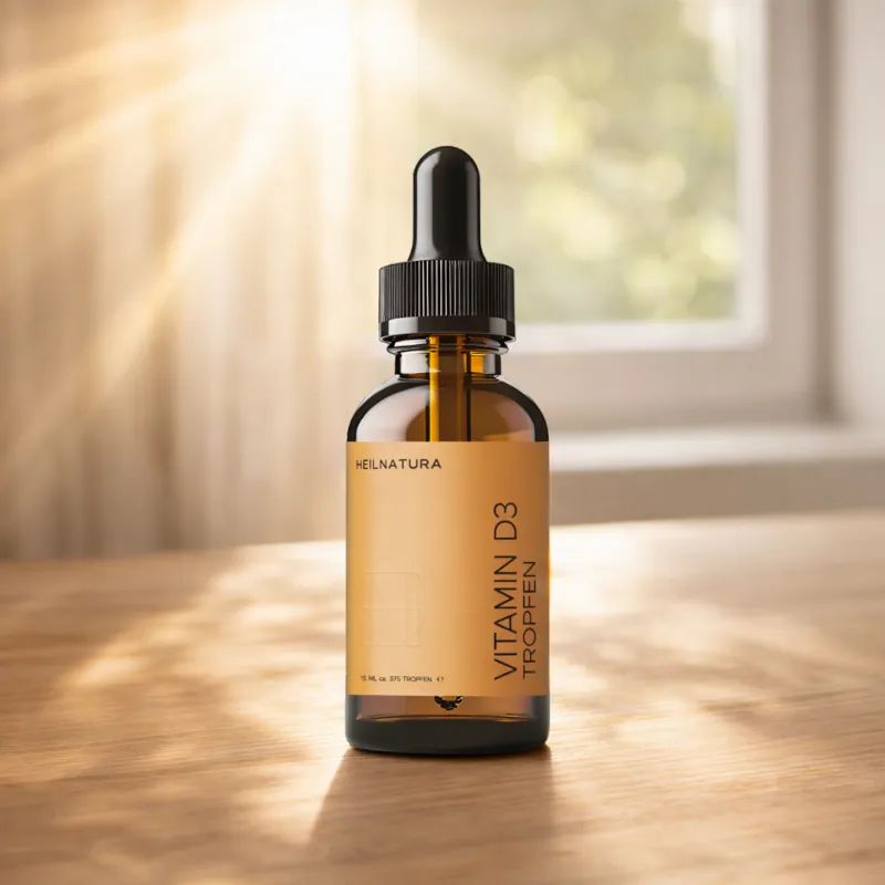 Braune Glasflasche mit Pipette auf Holztisch, Sonnenlicht fällt herein.