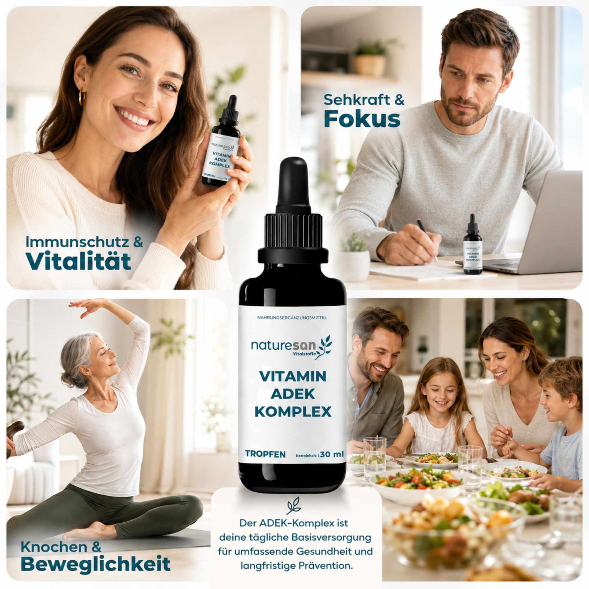 Naturesan Vitamin ADEK Komplex Tropfen 30ml in dunkler Glasflasche mit Pipette.