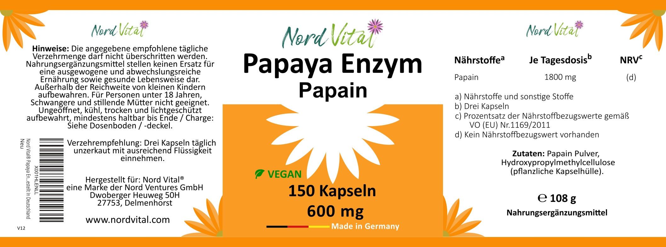 Nord Vital Papaya Enzym - ultrahoch papain-enzymaktivität - Vegan - deutsche Produktion