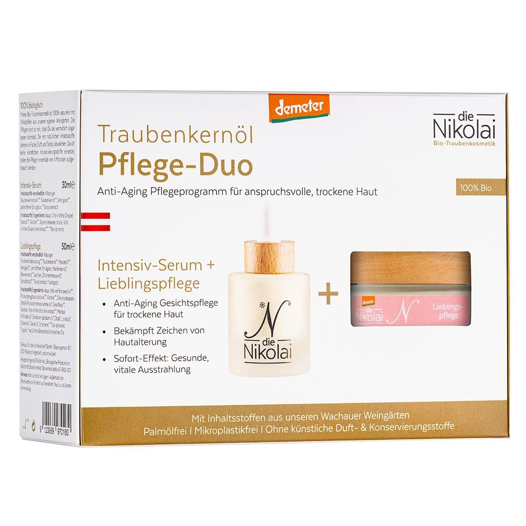 Pflege-Duo mit Traubenkernöl: Intensiv-Serum und Lieblingspflege für trockene Haut. Demeter und 100% Bio zertifiziert.