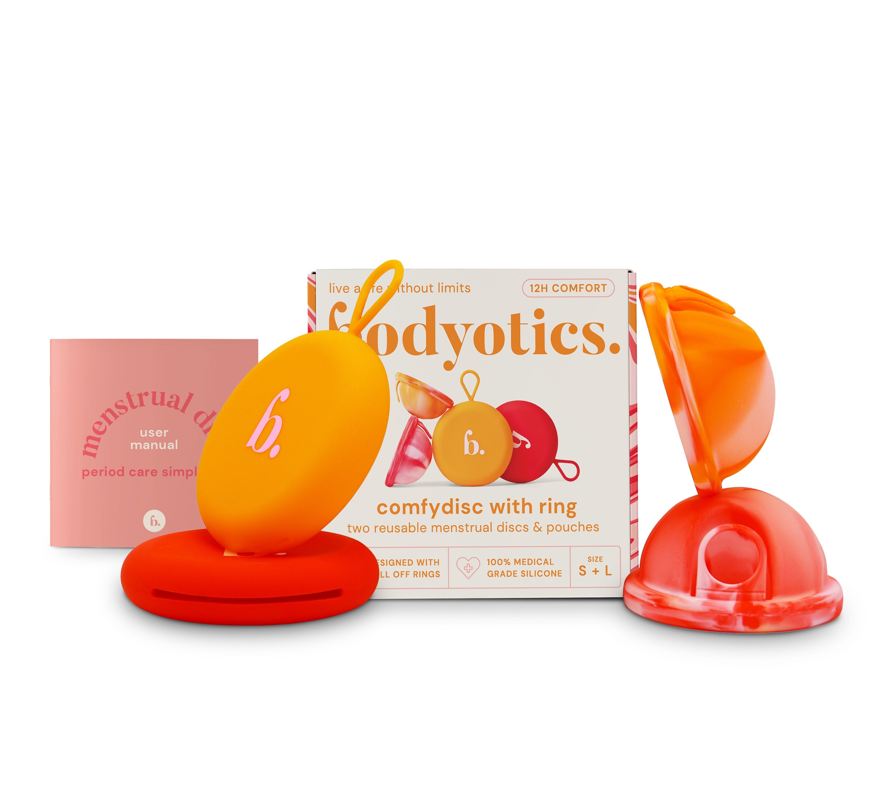 Set mit zwei wiederverwendbaren Menstruationsscheiben, rot und orange, mit Ringen und Aufbewahrungsbeuteln.