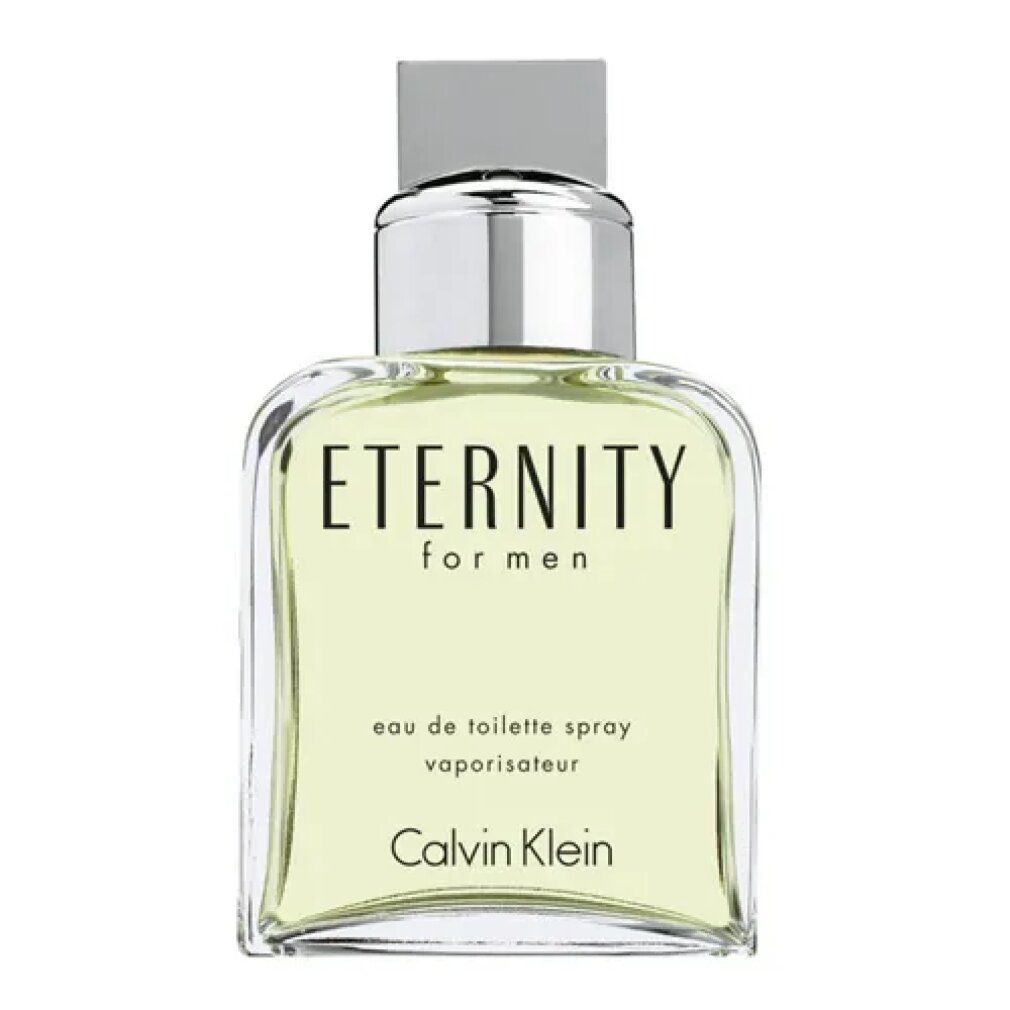 Flakon von Calvin Klein ETERNITY for Men. Eckiger Flakon, grüne Flüssigkeit, silberner Verschluss. Text: ETERNITY for men.