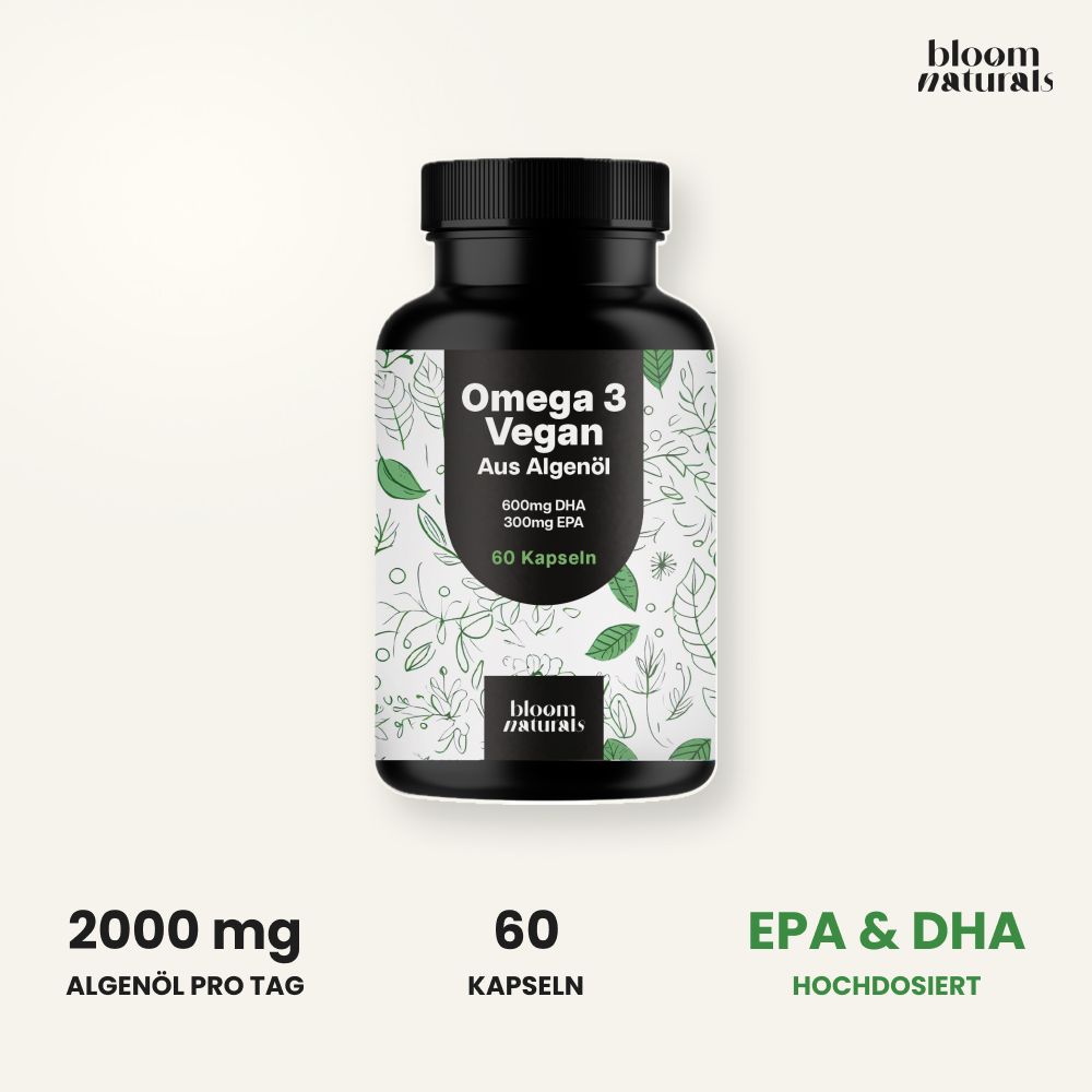 Dose Omega 3 Vegan mit Aufdruck "2000 mg Algenöl pro Tag", "60 Kapseln", "EPA & DHA Hochdosiert".