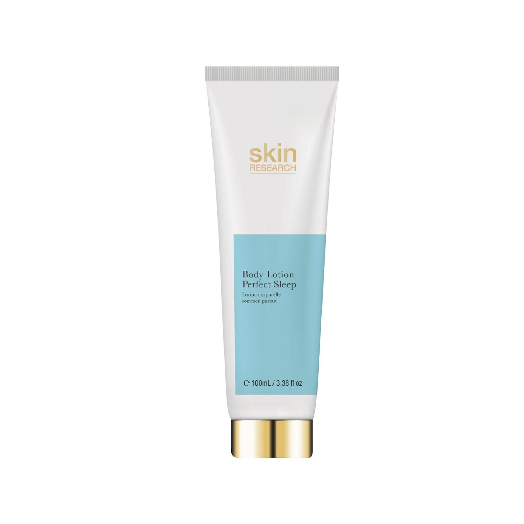 Creme-Tube mit blauem Streifen. Aufschrift: Skin Research, Body Lotion Perfect Sleep.