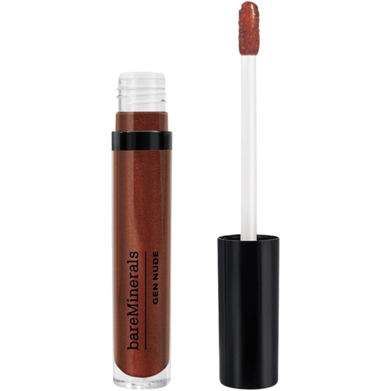 bareMinerals Gen Nude Lip Lacquer. Tube mit brauner Flüssigkeit, geöffnet, Pinsel sichtbar. Schwarzer Deckel und weißer Applikator.