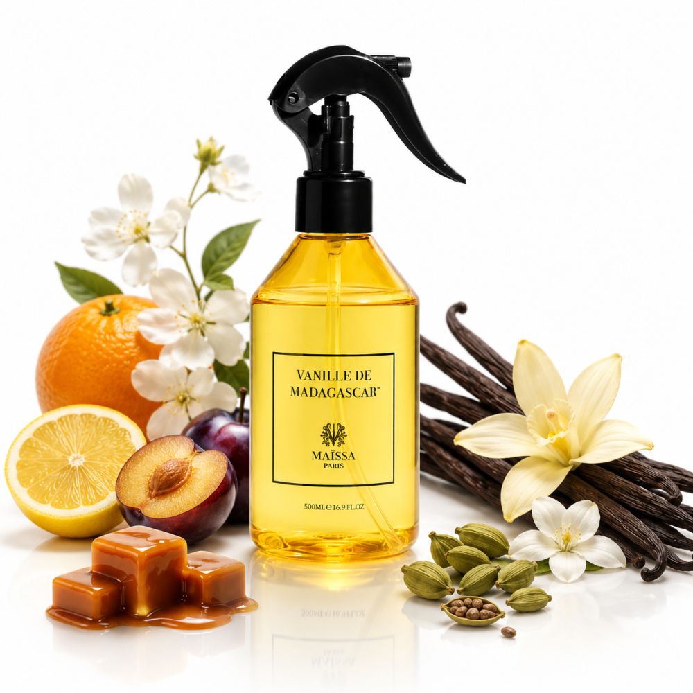 Maison Maïssa Vanille aus Madagaskar Raumspray mit Vanilleschoten, Früchten und Karamell.