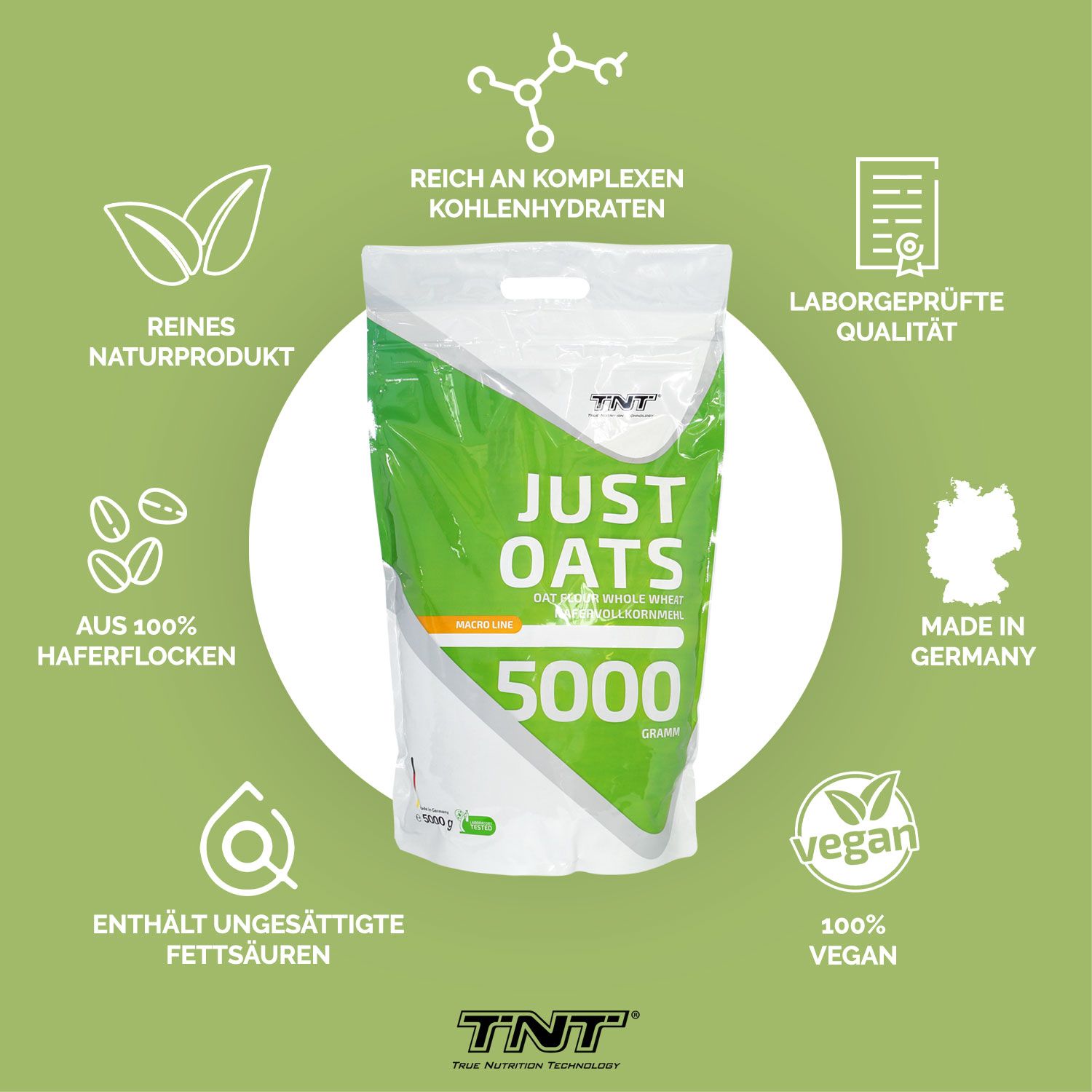 Produktverpackung "JUST OATS" mit Icons. Vegan-Siegel, Laborgeprüft, Made in Germany.