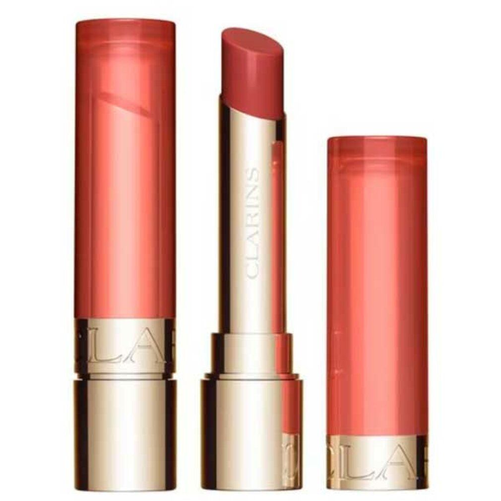 Lippenbalsam, geöffnet und geschlossen. Goldfarbener Behälter mit rosafarbenem Lippenstift. Marke Clarins sichtbar.