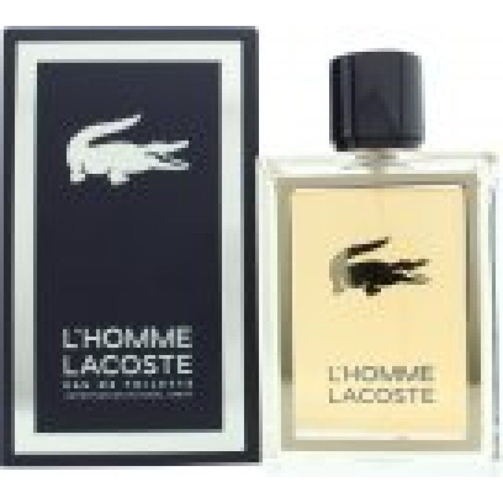 Schachtel Lacoste L'Homme Eau de Toilette mit silbernem Krokodil-Logo und Text.