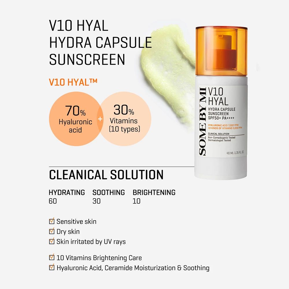 Produktabbildung mit Text. SOME BY MI V10 Hyal Hydra Capsule Sunscreen. Enthält Hyaluronsäure und Vitamine. Text: Clinical Solution. Für empfindliche Haut.