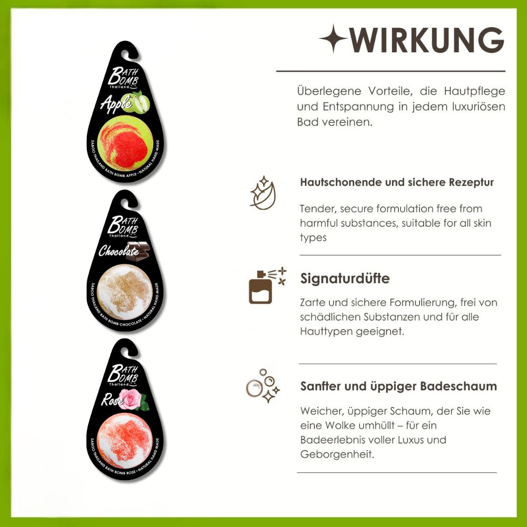 Infografik: Vorteile der Badebomben. Hautpflege, Entspannung. Rezepturen, Düfte, Badeschaum. Text und Icons.