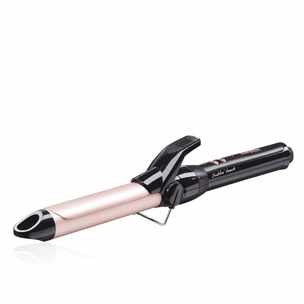 Lockenstab, schwarz und rosa. Schwarzer Griff, rosafarbene Heizplatte. Hebel und Temperaturregler.