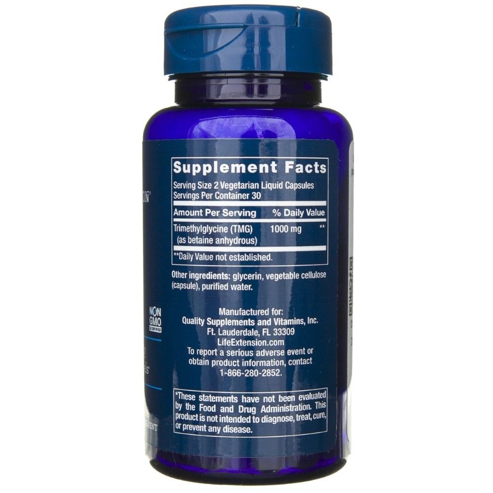 Life Extension TMG 500 mg, Rückseite mit Nährwertangaben und Herstellerinformationen.