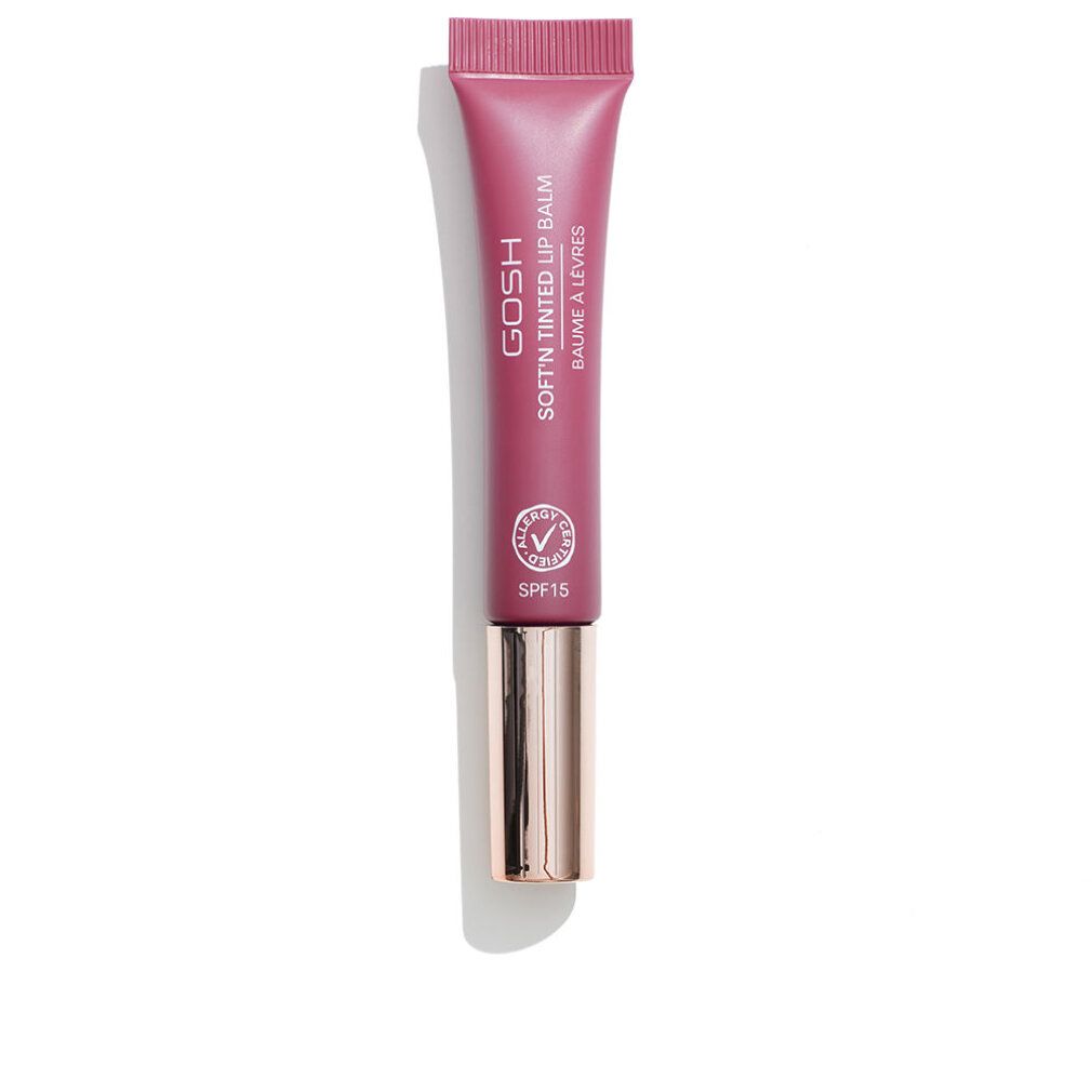 Rosa Lippenbalsam-Tube. Aufschrift: GOSH Soft'n Tinted Lip Balm, SPF15. Siegel: Allergy Certified.