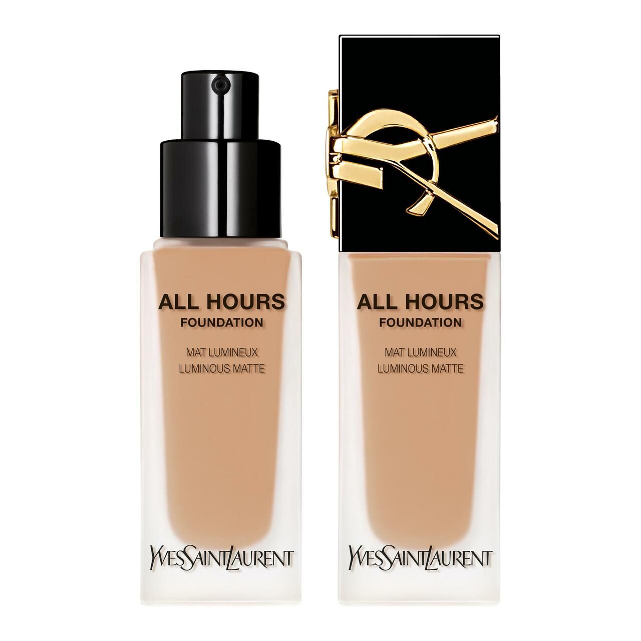 Yves Saint Laurent All Hours Foundation. Zwei Flakons mit schwarzem Deckel. Aufschrift: ALL HOURS, MAT LUMINEUX, LUMINOUS MATTE.