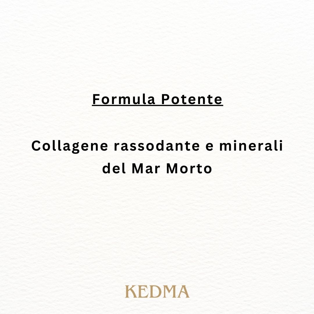Testo su sfondo crema: Formula Potente. Collagene rassodante e minerali del Mar Morto. Marchio: Kedma.