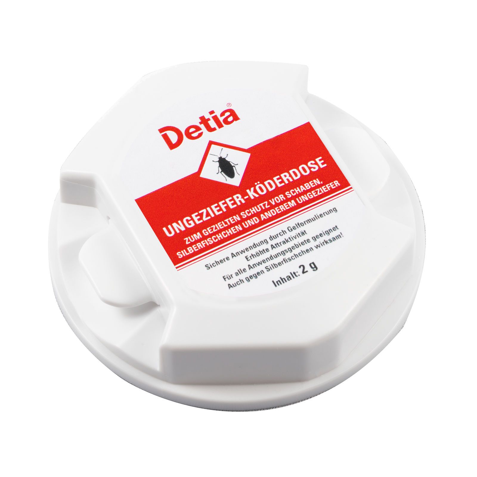 Weiße Köderdose mit rotem Etikett. Aufschrift: Detia, Ungeziefer-Köderdose. Schützt vor Schaben, Silberfischchen und anderem Ungeziefer. Inhalt: 2 g.