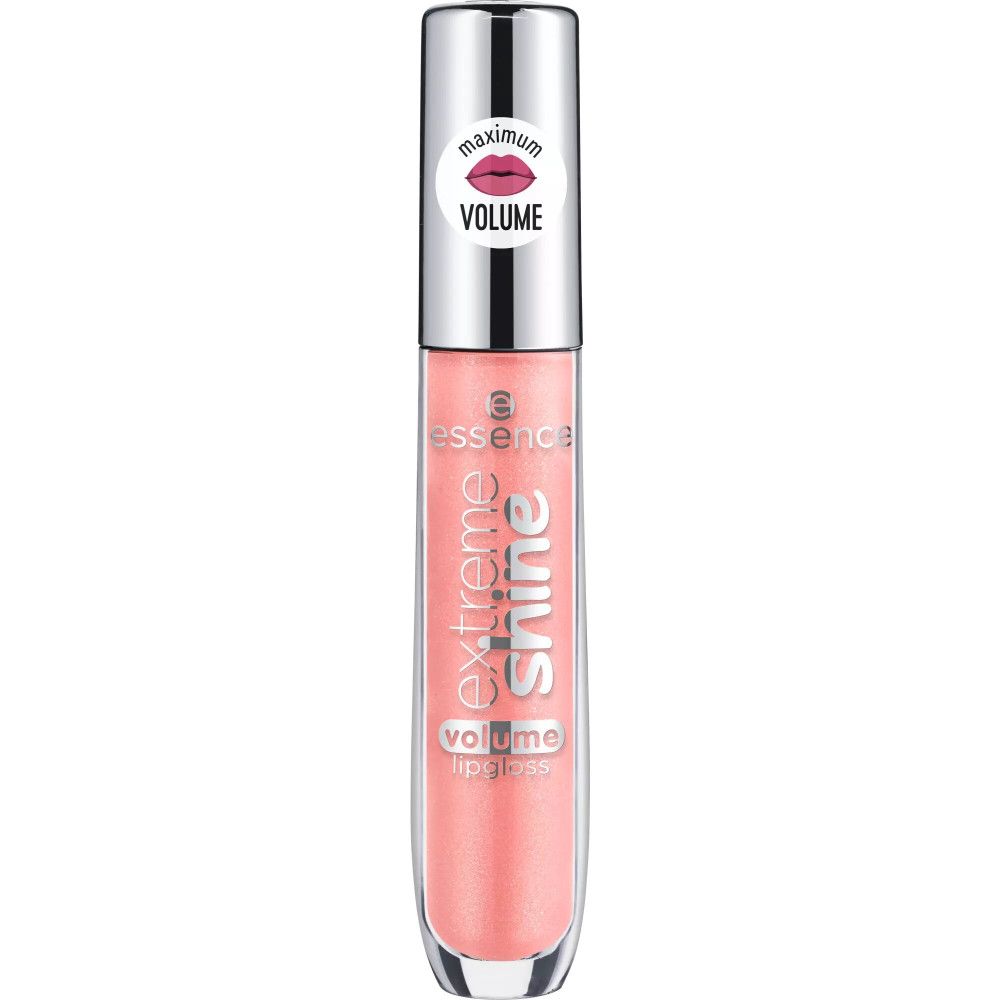 Essence Extreme Shine Lipgloss, rosa. Transparente Tube mit silbernem Deckel. Aufkleber mit Lippen-Symbol. Produktname und Marke sichtbar.