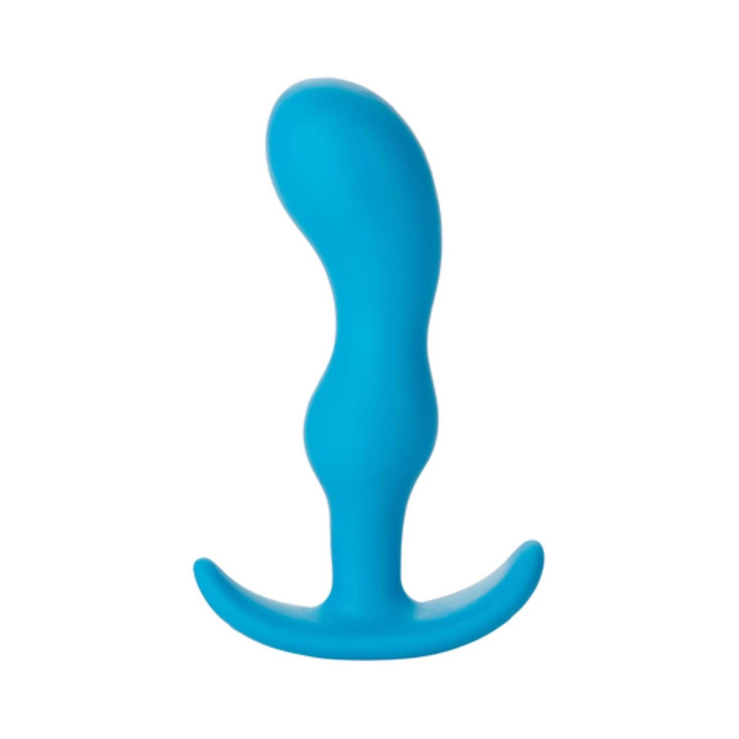 Blauer Analplug mit geschwungener Form und T-förmiger Basis.