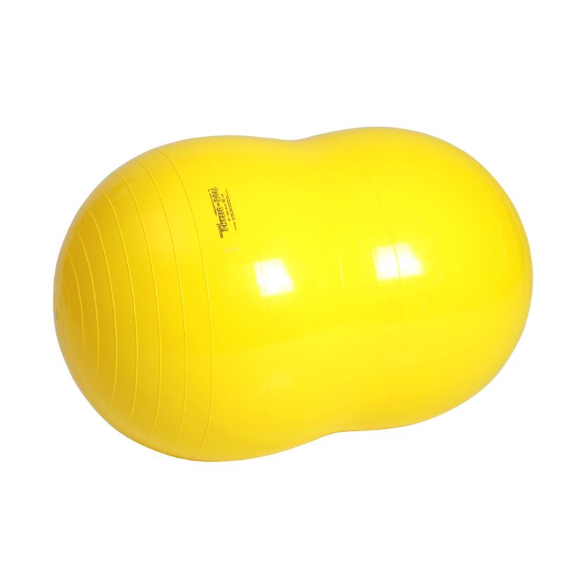 Gelber Gymnastikball in Erdnussform. Oberfläche mit Längsrillen. Kleiner Schriftzug.