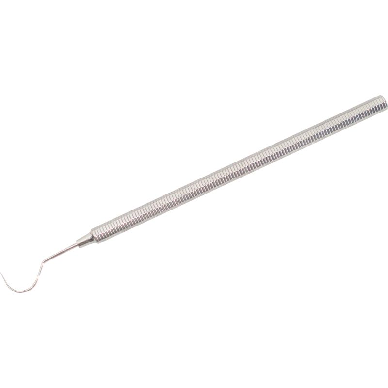 Sonde mit gebogener, feiner Spitze. Metall, geriffelter Griff. Perspektivische Ansicht.