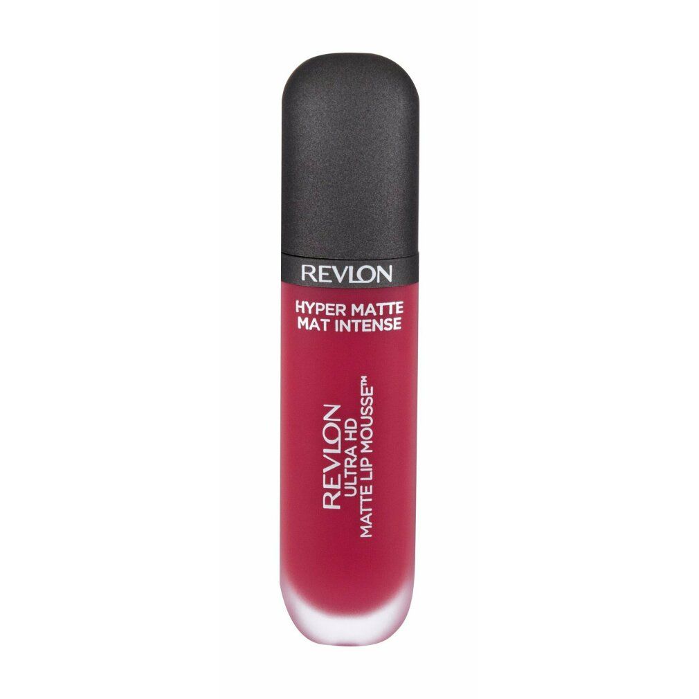 Revlon Ultra HD Matte Lip Color. Roter Lippenstift in länglicher Flasche mit schwarzem Deckel. Produktbeschriftung sichtbar.