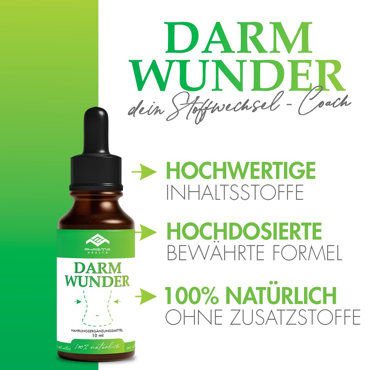Braune Flasche mit Pipette, Label "Pharma Health Darm Wunder". Text: Hochwertige Inhaltsstoffe, 100% natürlich.