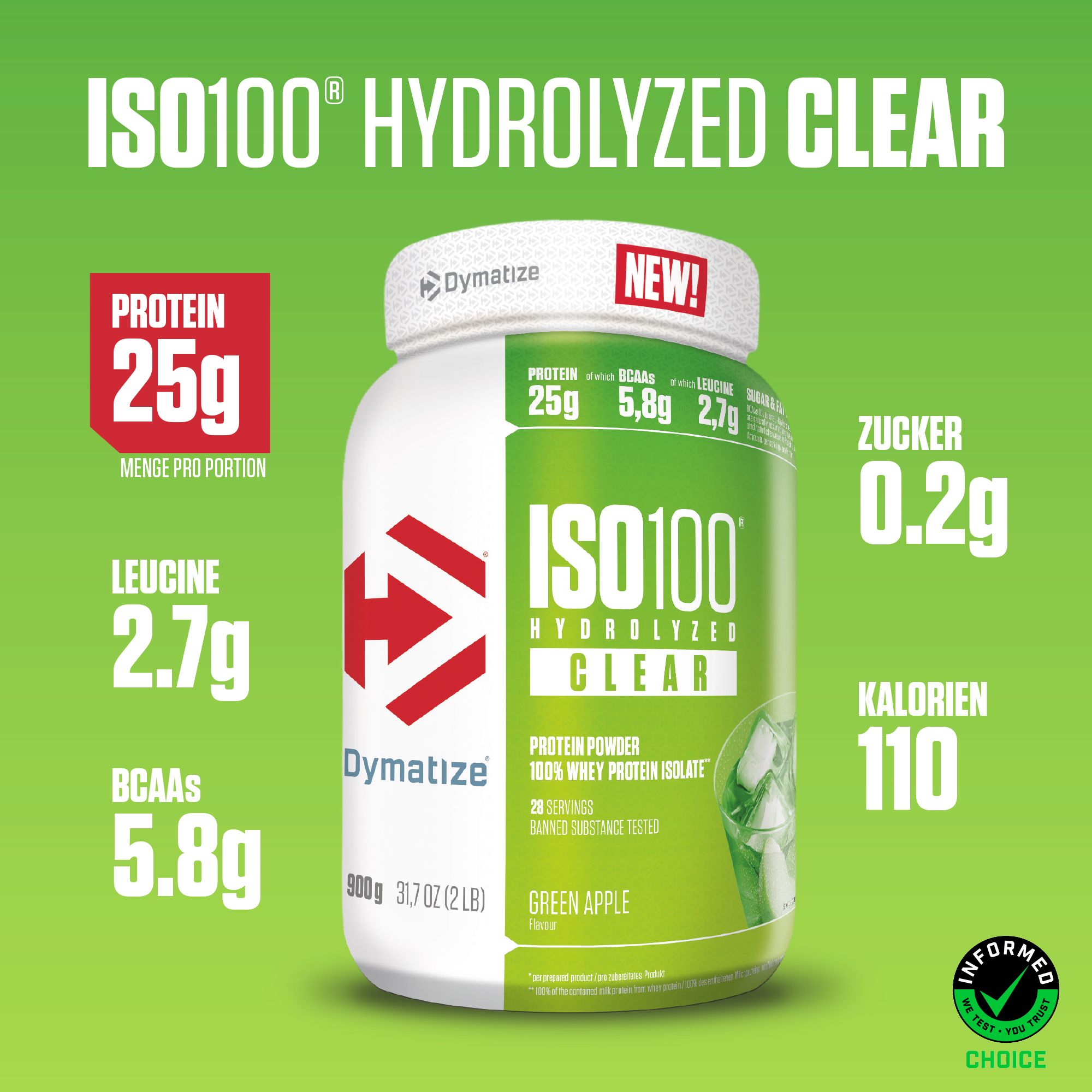 DYMATIZE Whey Protein Pulver Shake ISO 100 Hydrolyzed Clear Green Apple