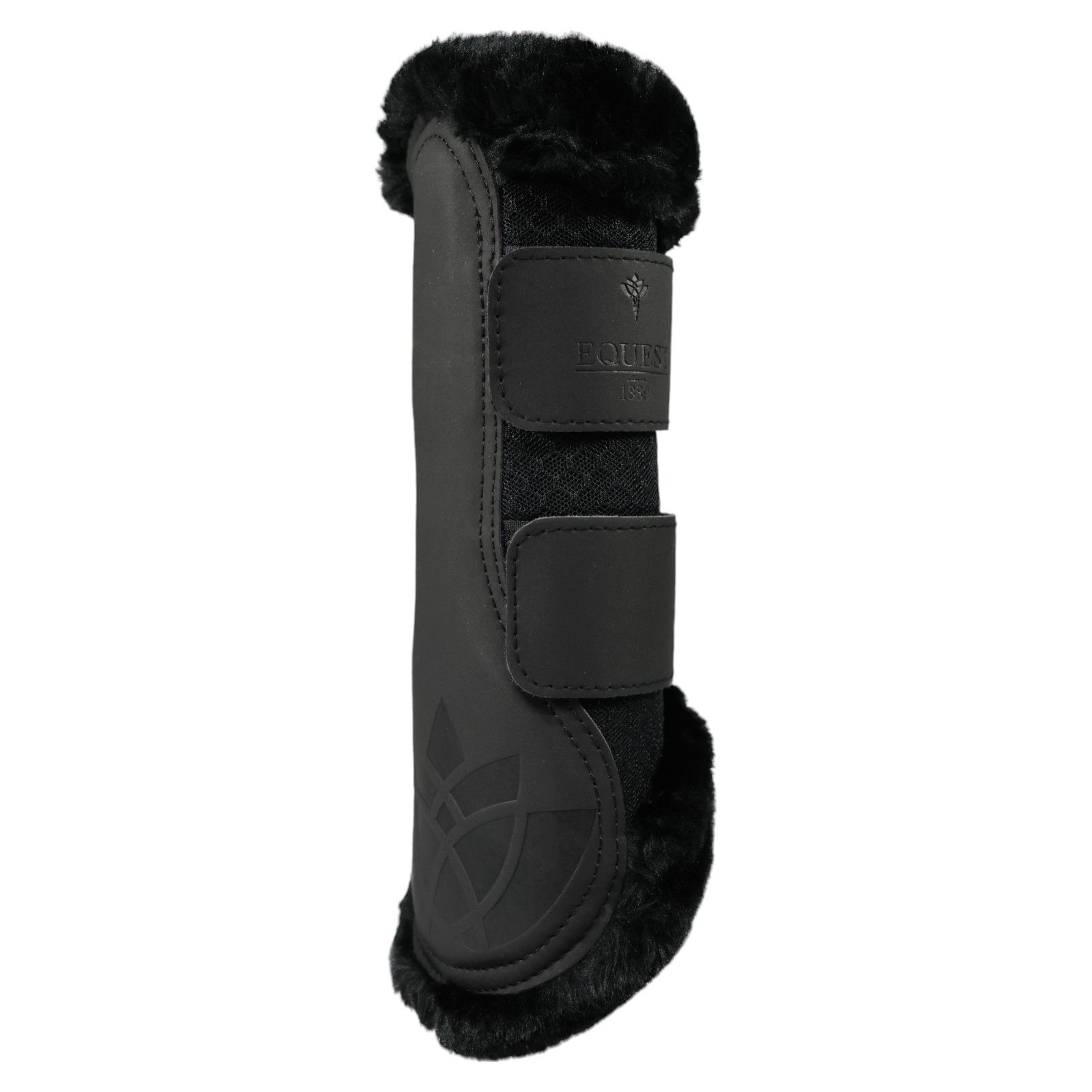 Schwarze Gamasche mit Fellbesatz und Klettverschlüssen. Logo auf der Außenseite. Mesh-Einsatz.  Equest.