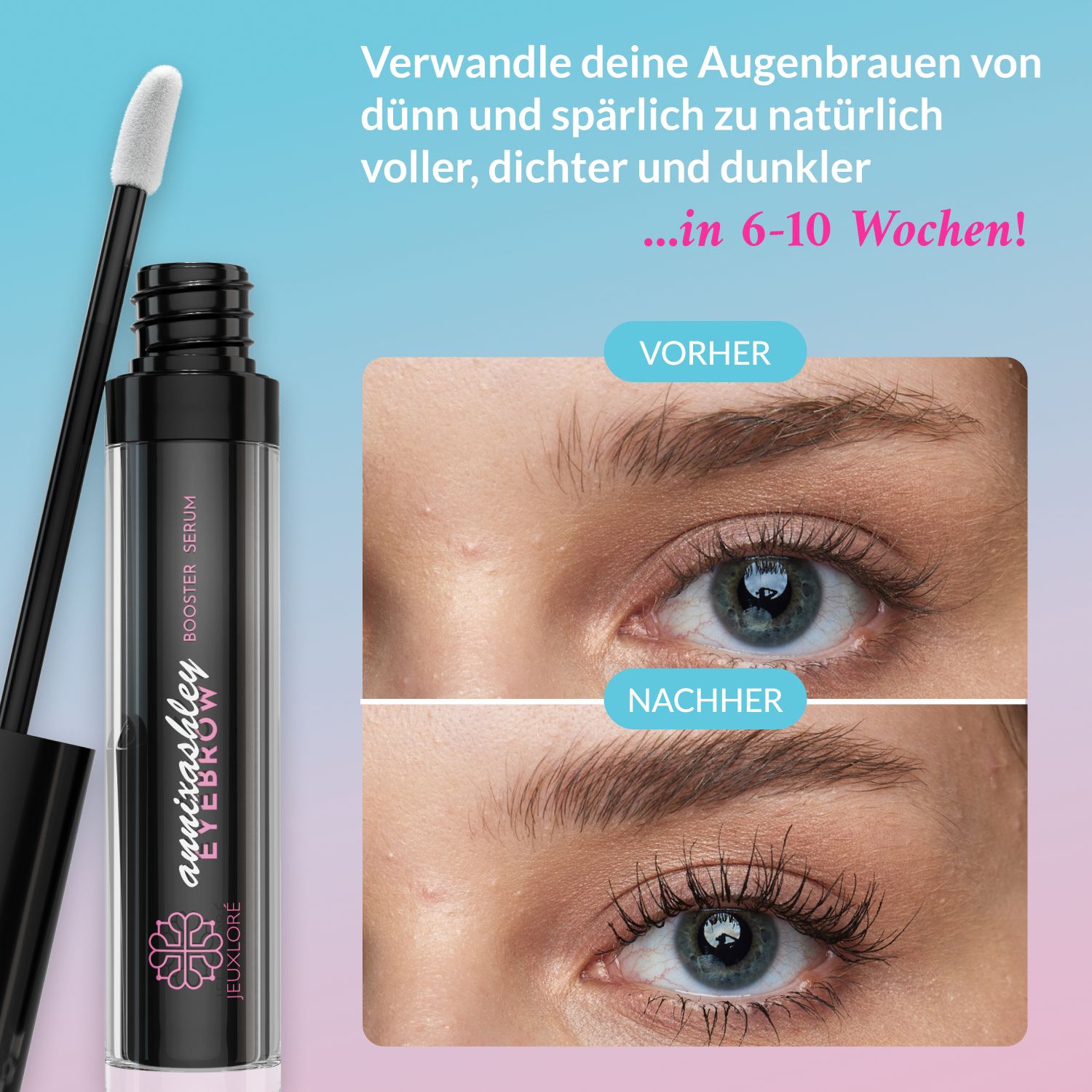 Augenbrauenserum mit Applikator. Vorher-Nachher-Vergleich. Annixashley Eyebrow Booster Serum. Schwarze Flasche.