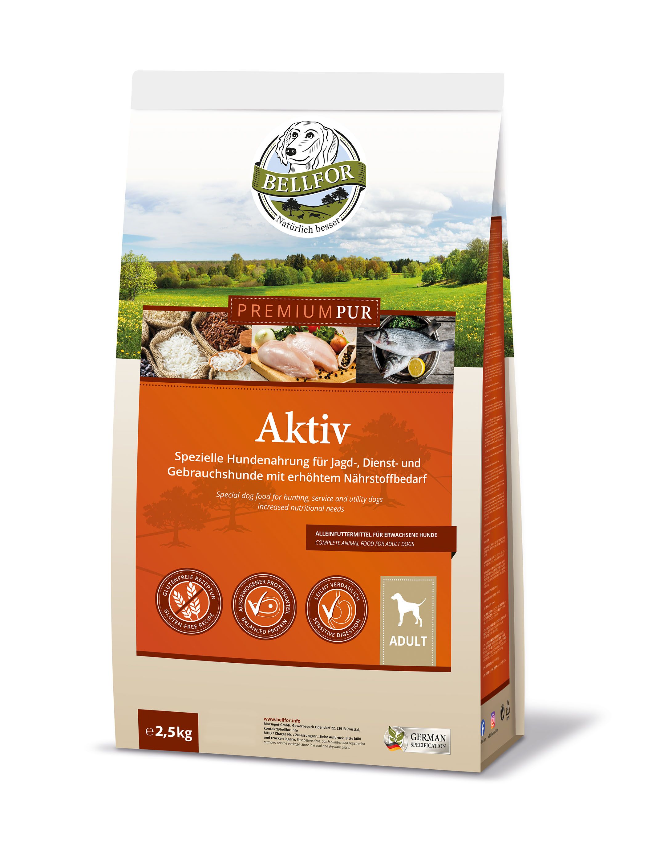 Bellfor Premium PUR Aktiv Hundefutter. 2,5 kg Beutel mit Logo, Produktbildern und Text. Für aktive Hunde.