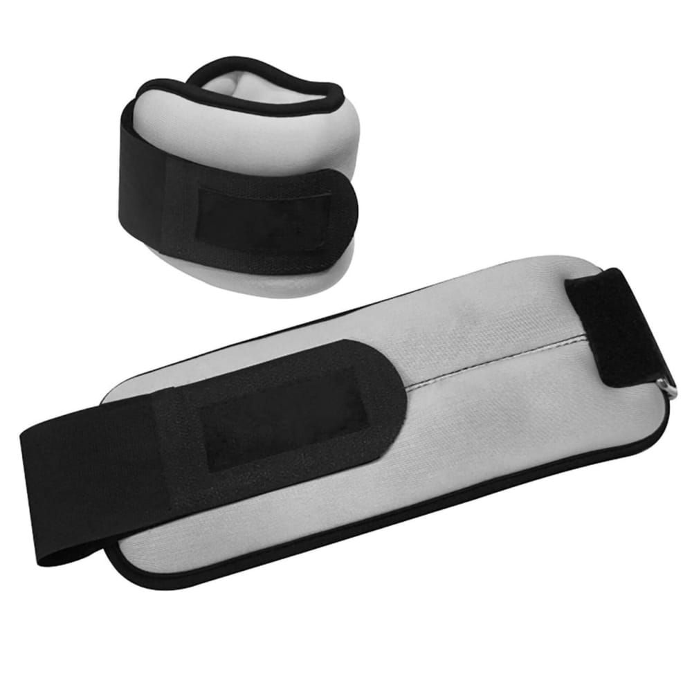 Handgelenk- und Knöchelgewichte. Grau-schwarzes Design mit Klettverschluss. Zwei Gewichte, eines geöffnet.