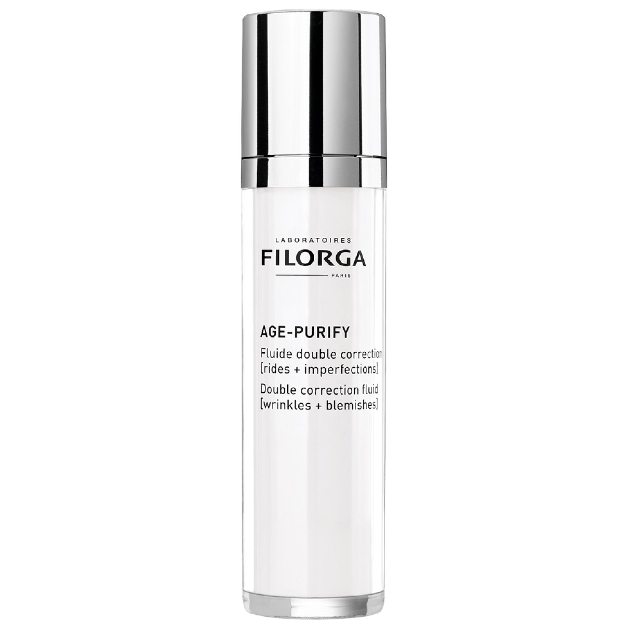 Filorga Age-Purify Fluid Spender mit silbernem Pumpaufsatz und Kappe.